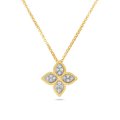 18" Princess Flower Diamond Necklace in 18K Yellow Gold with 18K White Gold Setting