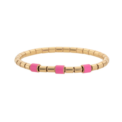 Gold and Pink Enamel Beaded Stretch Bracelet in 14K Yellow Gold