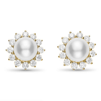 18K Yellow Gold Cultured Pearl and Diamond  Earrings