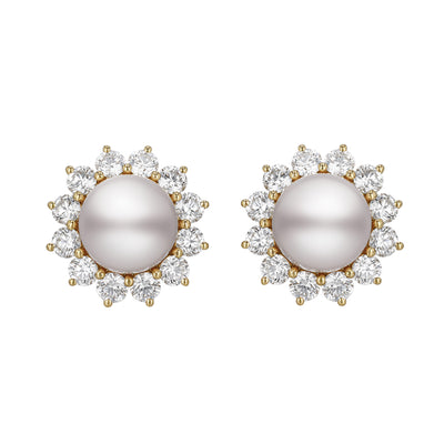 18K Yellow Gold Cultured Pearl and Diamond  Earrings