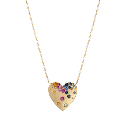 Colorful Sapphire Heart Pendant Necklace in 14K Yellow Gold, 1.17cttw
