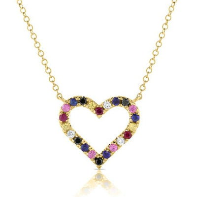 Sapphire and Diamond Open Heart Necklace in 14K Yellow Gold