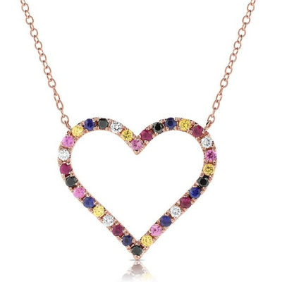 Sapphire and Diamond Large Open Heart Necklace in 14K Rose Gold