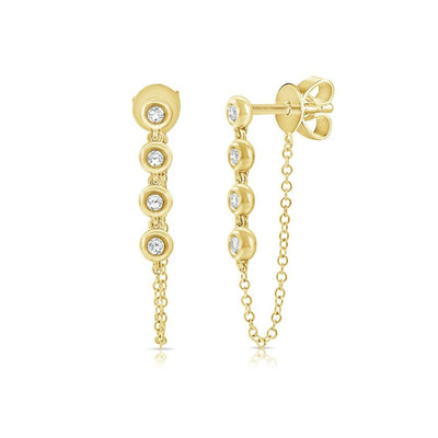 Four Bezel Set Diamonds with Chain Drop Stud Earrings in 14K Yellow Gold