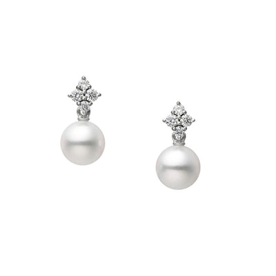 Akoya Cultured Pearl and Diamond Drop Earrings in 18K White Gold, 7.25MM