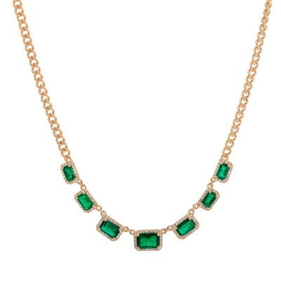 7 Emeralds and 148 Round Diamonds Necklace in 14K Yellow Gold