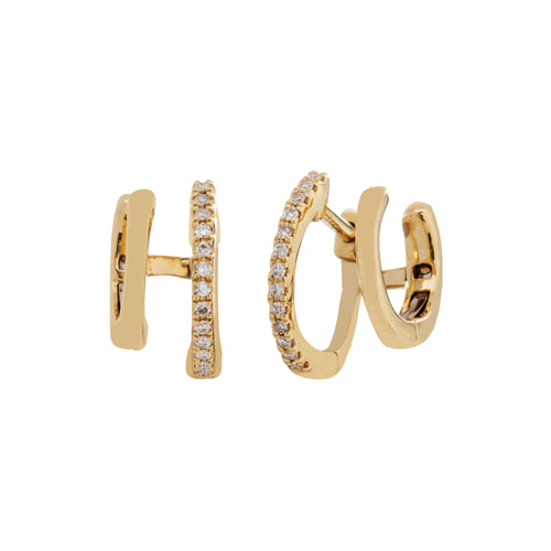 14K Yellow Gold Diamond Double Hoop Huggie Earrings