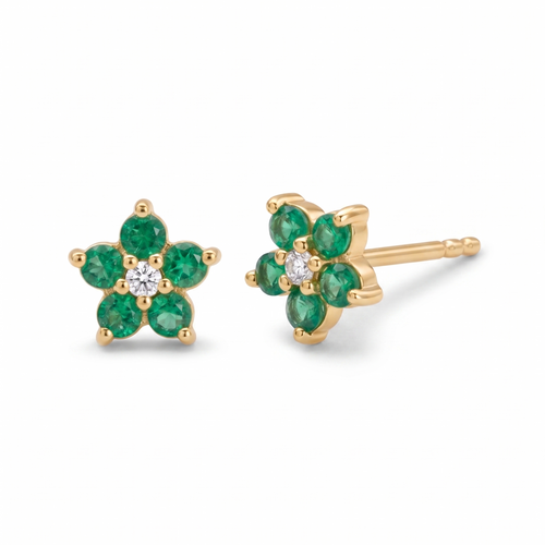 14K Yellow Gold Emerald and Diamond Flower Earrings