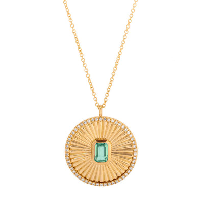 Emerald Center and Diamond-Lined Fluted Disc Necklace in 14K Yellow Gold, 0.58cttw