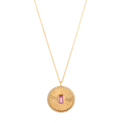 Cushion-Cut Pink Sapphire and Diamond Fluted Disc Necklace in 14K Yellow Gold, 0.83cttw