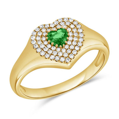 Emerald Heart with Diamonds Signet Ring in 14K Yellow Gold