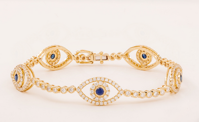 Pavé Diamond and Light Pink Sapphire Evil Eye Bracelet in 14K Yellow Gold, 3.34cttw