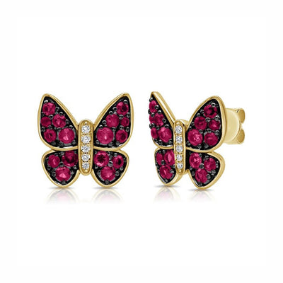 Diamond and Purple Sapphire Butterfly Stud Earrings in 14K Yellow Gold, 0.93cttw