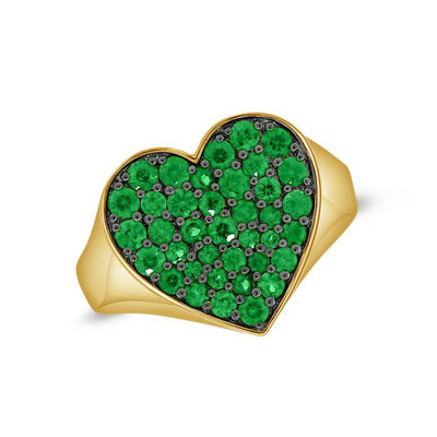 Emerald Green Pavé Heart Ring in 14K Yellow Gold, Size 7