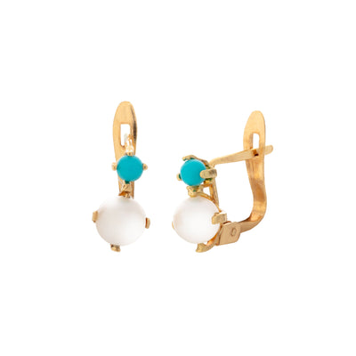 18K Yellow Gold Cultured Pearl and Turquoise Earrings