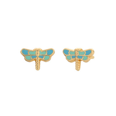 Children's Green Enamel Dragonfly Earrings in 18K Yellow Gold