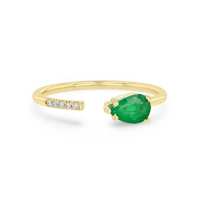 Pear Shape Emerald and Round Diamond Open Ring