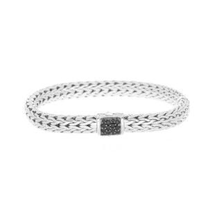 STERLING SILVER WOVEN BRACELT WITH BLACK SAPPHIRE CLASP