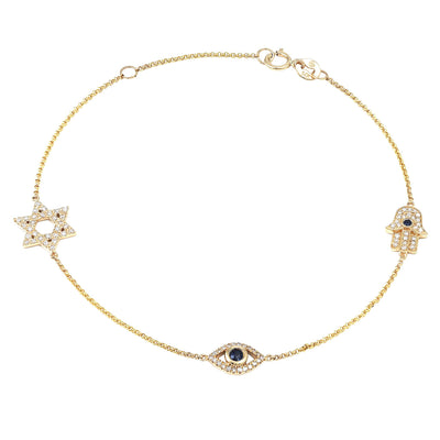Stationed Star of David, Evil Eye, and Hamsa with Sapphire and Diamond Accents in 14K Yellow Gold