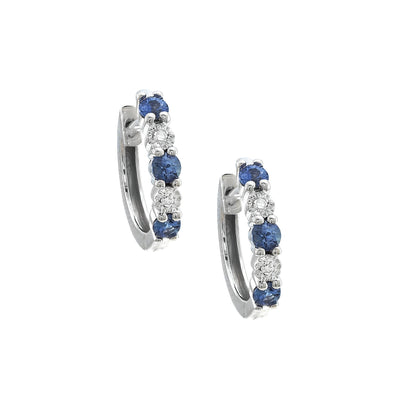 Three Round Blue Sapphires with Two Diamonds Huggie Hoop Earrings in 14K White Gold