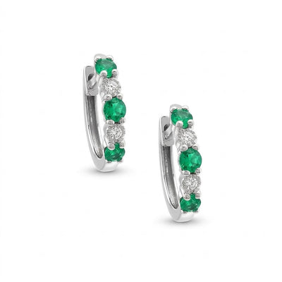 Green Emerald and Diamond Huggie Earrings in 14K White Gold, 0.39 cttw