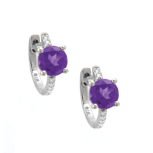 14K White Gold Amethyst and Diamond Huggie Hoop Earrings