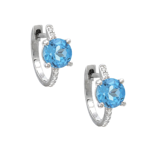 14K White Gold Diamond and Blue Topaz Huggie Hoop Earrings