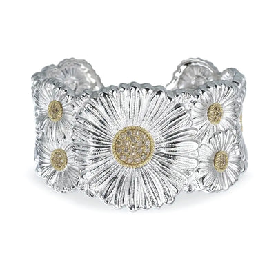 Daisy Blossoms Diamond Cuff Bracelet in Sterling Silver with Gold Plated Accents