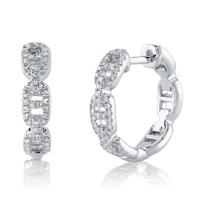 Diamond H-Link Chain Detailed Huggie Hoop Earrings in 14K White Gold