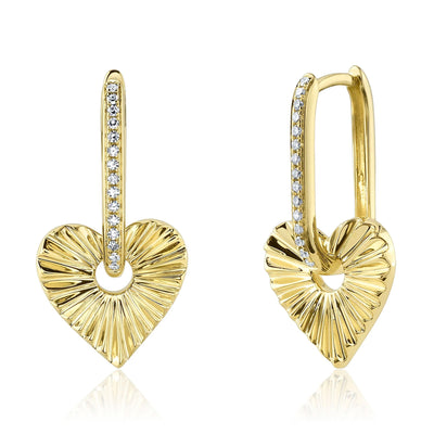 Round Diamond Heart Drop Earrings in 14K Yellow Gold