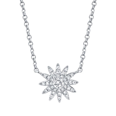 Pave Diamond Sunburst Necklace in 14K White Gold