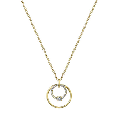 Diamond and Smooth Interlocking Circle Pendant Necklace in 14K Yellow Gold, 0.11cttw