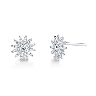 Round Diamond Sunburst Earrings in 14K White Gold