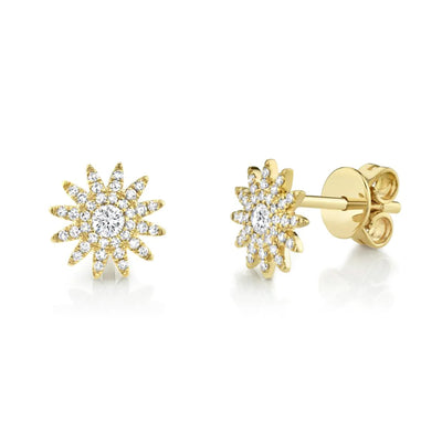 Round Diamond Sunburst Earrings in 14K Yellow Gold