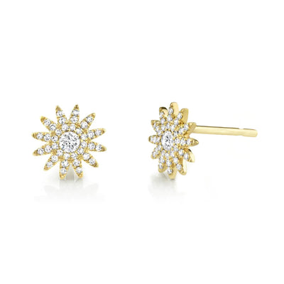 Round Diamond Sunburst Earrings in 14K Yellow Gold