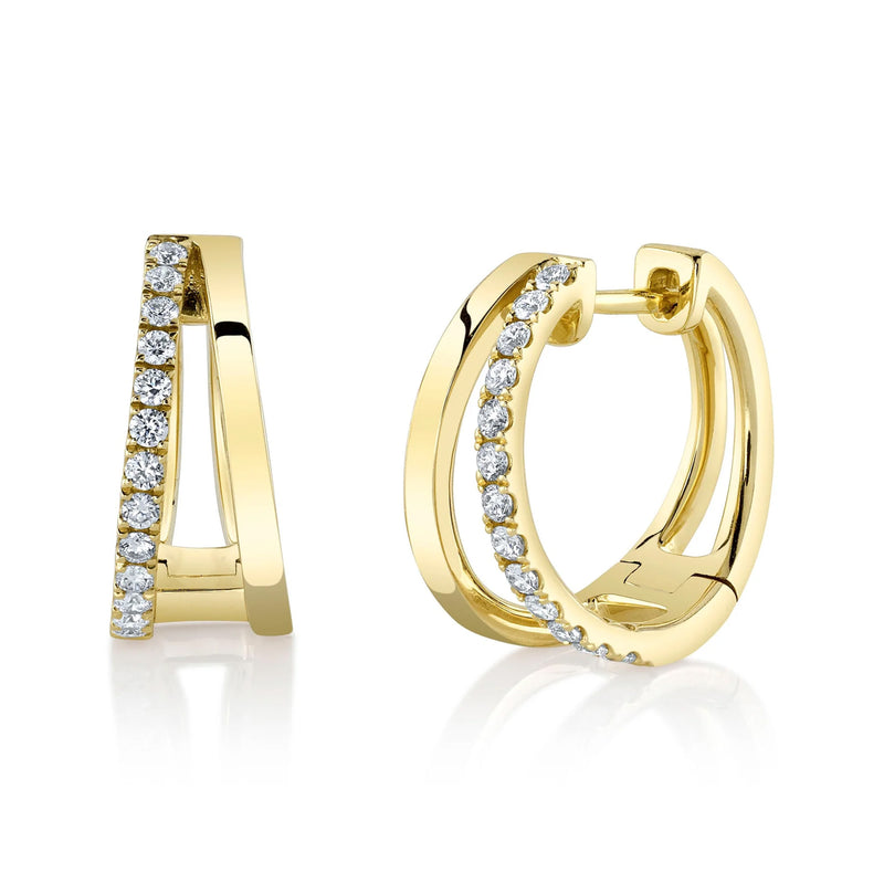 14K Yellow Gold Double Hoop Diamond Huggie Earrings