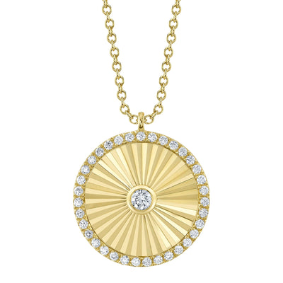 Halo Diamond Fluted Circle Pendant Necklace in 14K Yellow Gold, 0.32cttw