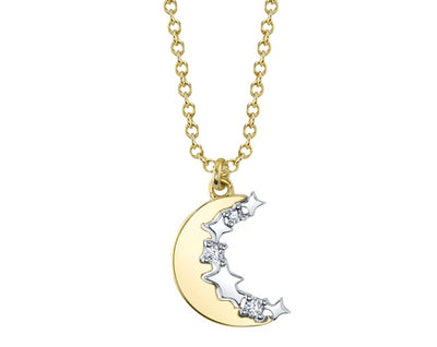 14K Yellow Gold Diamond Moon and Star Necklace