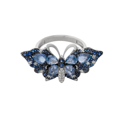 Diamond and Dark Blue Sapphire Butterfly Ring in 14K White Gold, 3.46cttw