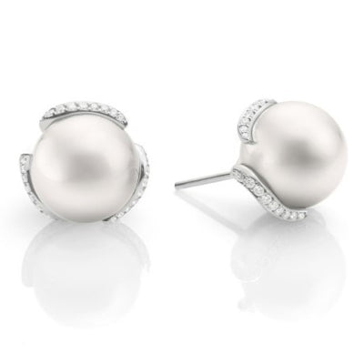 White South Sea Cultured Pearl and Diamond Stud Earrings in 18K White Gold, 11MM