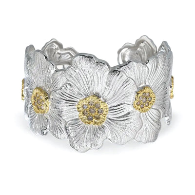 Gardenia Blossoms Diamonds Cuff Bracelet in Sterling Silver with Gold Plated Accents