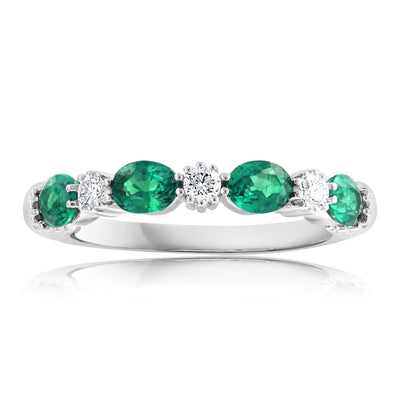 Diamond and Oval Emerald Alternating Band in 14K White Gold, 0.93cttw