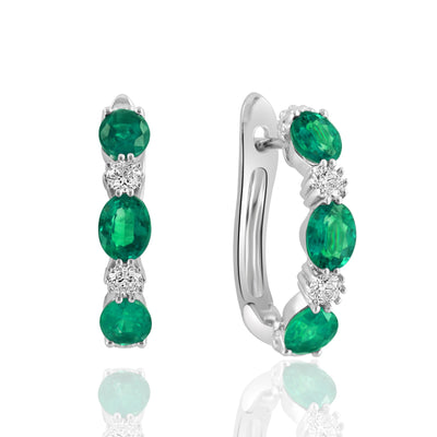 Oval Emerald and Diamond Alternating Huggie Earrings in 14K White Gold, 1.44cttw