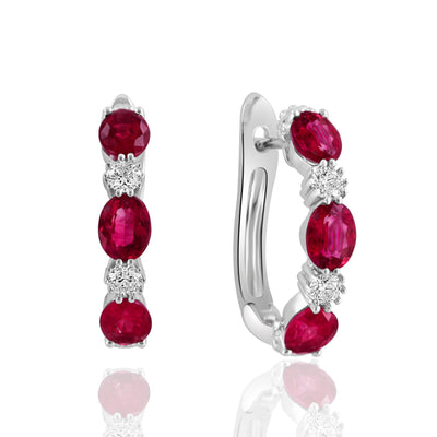 14K White Gold Ruby and Diamond  Huggie Hoop Earrings