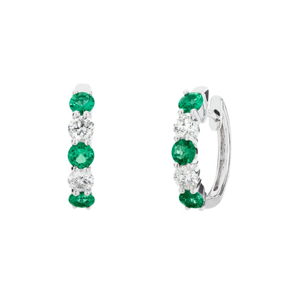Round Emerald and Diamond Alternating Hoop Earrings in 14K White Gold, 1.21cttw