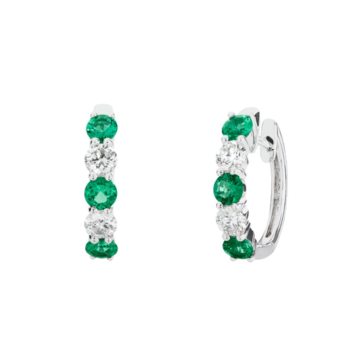 Round Emerald and Diamond Alternating Hoop Earrings in 14K White Gold, 1.21cttw