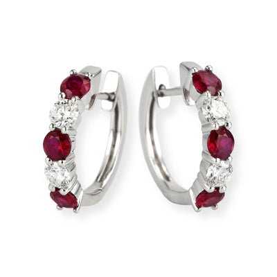 14K White Gold Ruby and Diamond  Huggie Hoop Earrings