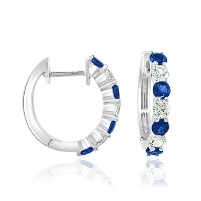 Blue Sapphire and Diamond Huggie Earrings in 14K White Gold, 0.98cttw