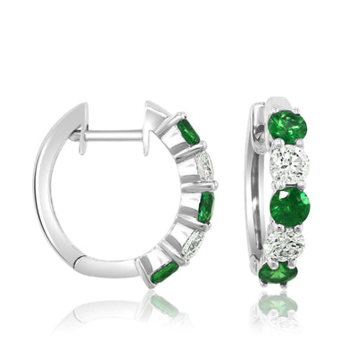 Emerald and Diamond Alternating Huggie Hoop Earrings in 14K White Gold, 0.85cttw