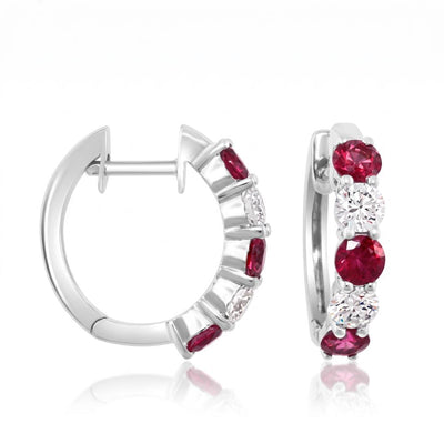 Ruby and Diamond Huggie Earrings in 14K White Gold, 1.02cttw